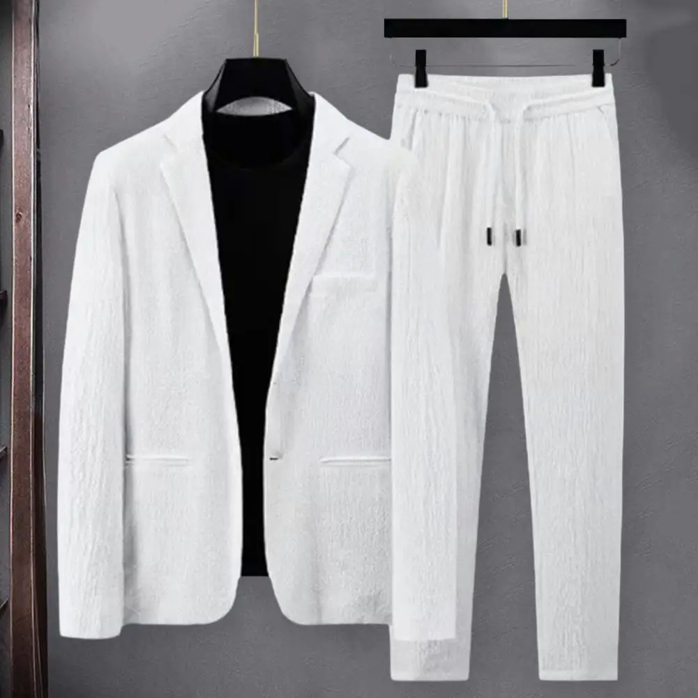 Solid Color Two-piece Suit Stylish Men's Striped Suit Set Soft Elastic Waist Coat Pants with Lapel Pockets Formal for Plus