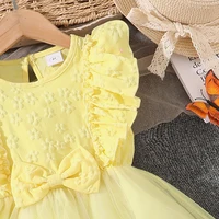 Robe pour filles jaune col rond manches volantes Tulle nœud papillon 8-12 ans été élégant Style doux robe de princesse enfants vêtements 4