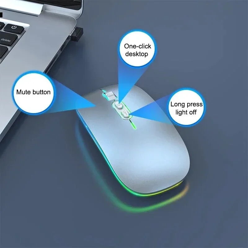 Wireless Mouse Dual Mode 2.4G Bluetooth One-Click Desktop Function Type-C Rechargeable Silent Backlight for Laptop PC