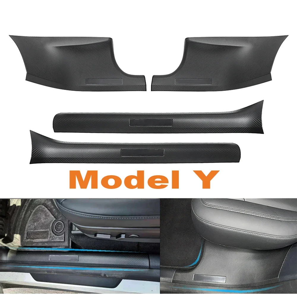 Rear Door Sill Guards Carbon Fibre ABS Inner Protector Plate Cover Trim Car Anti-Dirty Bumper Kick Pad 4pcs For Tesla Model Y door sill pads door sill guards