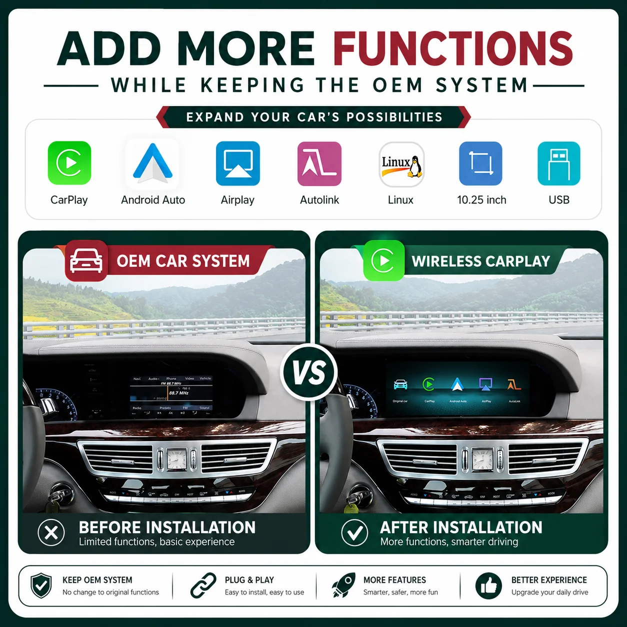 CarPlay inalámbrico y Android Auto para Mercedes Benz Clase S W221 NTG3.0/3.5 BT Pantalla táctil multimedia de 10.25 pulgadas 2