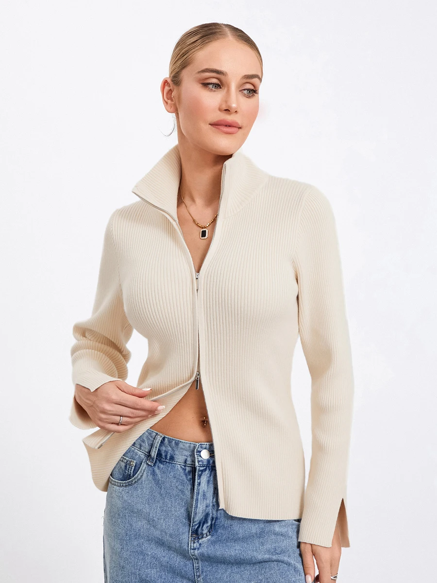 Women 2024 Zip Up Sweater Solid Color Stand Collar Long