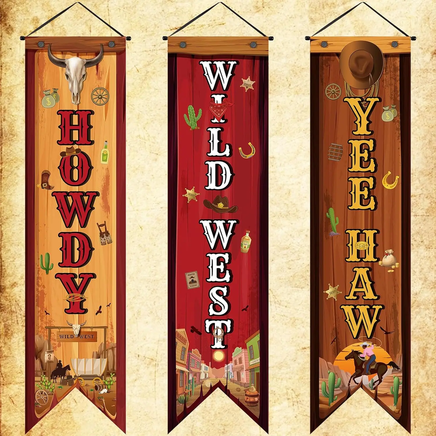 3-teilige Western-Partydekorationen, Cowboy-Banner, Wild West, Hängedekoration, Howdy Yes Haw, Veranda-Schild-Hintergründe für drinnen und draußen