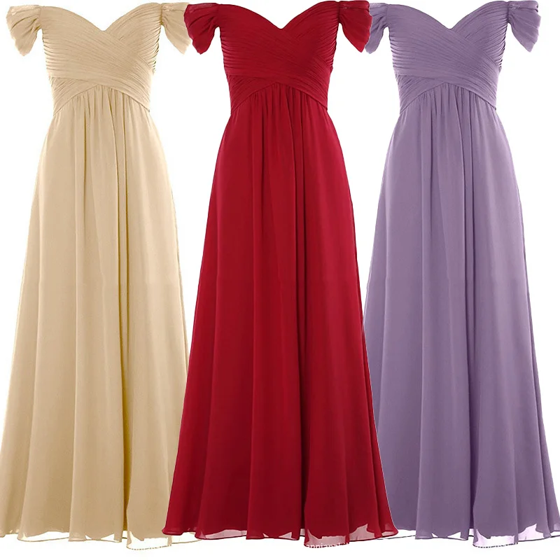 A Line Chiffon Elegant Boat Neck Pleat Flowers Off Shoulder Evening Bridesmaid Dresses Wedding Party Formal Prom Zipper Back