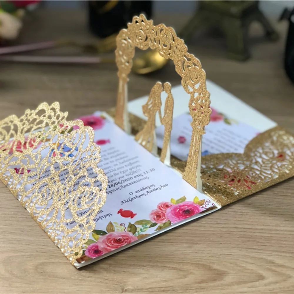 3D Bride and Groom Rose Gold Pop Up Wedding Invitations Laser Cut Greeting Cards Envelope Navy Blue White Pink Greeting Cards