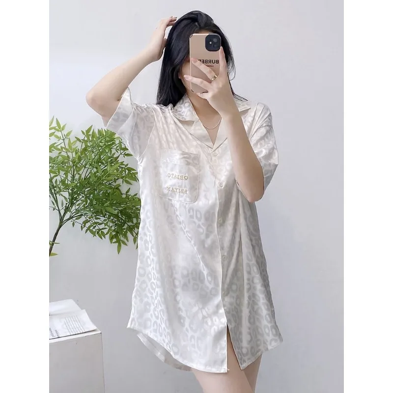 Ice silk nightdress Women's summer Short sleeve thin Leopard print Sense of advanced Sexy silk blouse nightdress Home dress