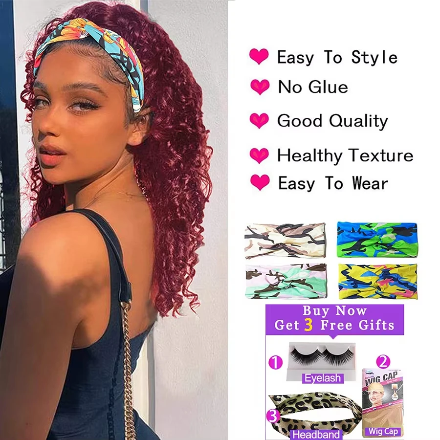 옴브레 블론드 곱슬 헤어밴드 가발 인모 1B/버건디 99J 브라운 하이라이트 헤어밴드 가발 브라질리언 딥 컬리 포니테일 스카프 가발