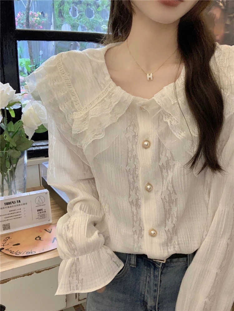 2024 Spring Female Lace Shirts Long Flare Sleeve Peter Pan Collar Sweet Girls Blouses Elegant Office Lady Basic Shirt Clothes