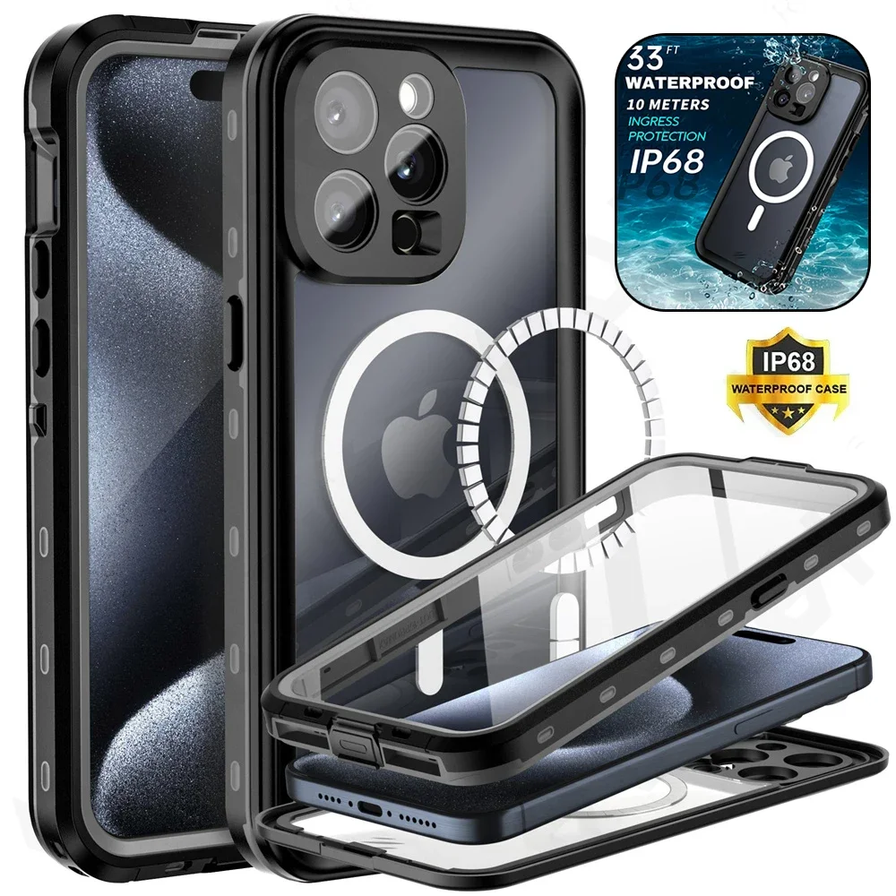 

Водонепроницаемый Магнитный чехол IP68 для iPhone 15 14 Pro Max Pro iPhone 13 Pro Max, защита всего корпуса, пылезащитный чехол для телефона