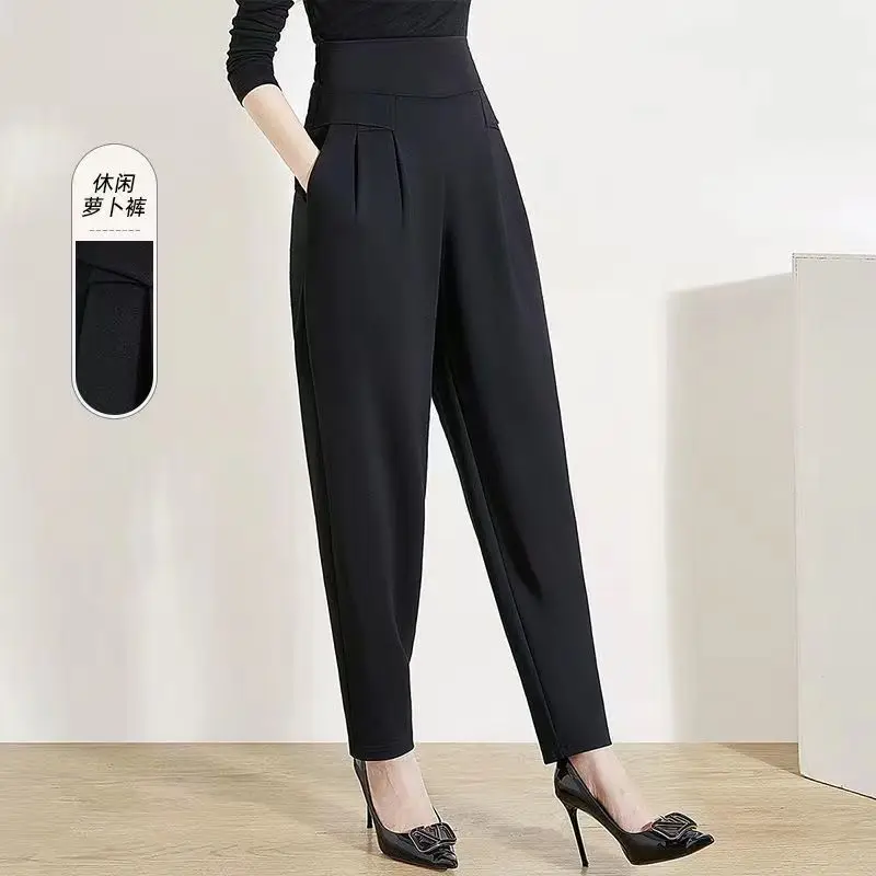 Women Fashion Elegant Plush Thick High Waist Harem Pants Office Lady Black Casual Pleated Trousers 2023 Autumn Winter Pantalones