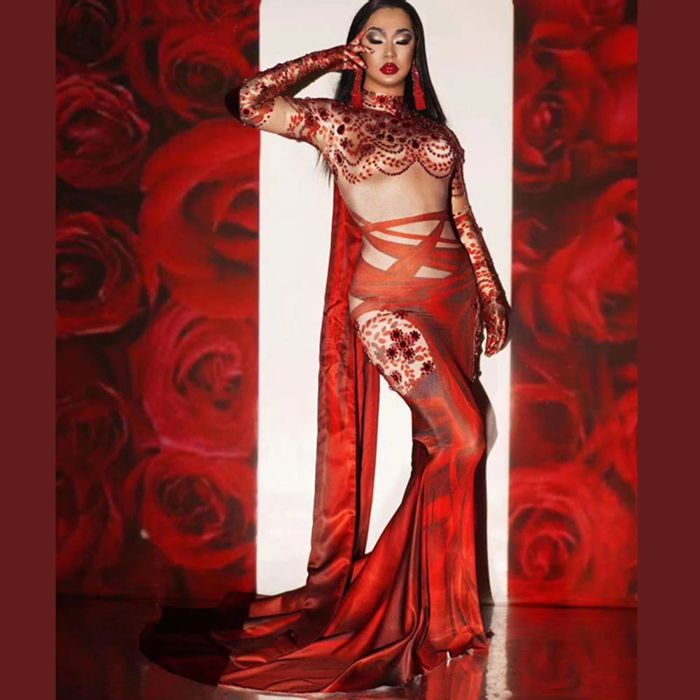 

Red Rhinestone Long Train Dress Women Evening Costume Prom Celebrate Big Tail Dresses Stretch Nude Wedding Party Dresses