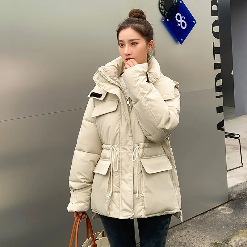 

Winter Hooded Parkas Warm Jacket Women Down Cotton Coat Irregular Fluffy Bubble Drawcord Waist Outwear Dropshipping S~2XL Wear