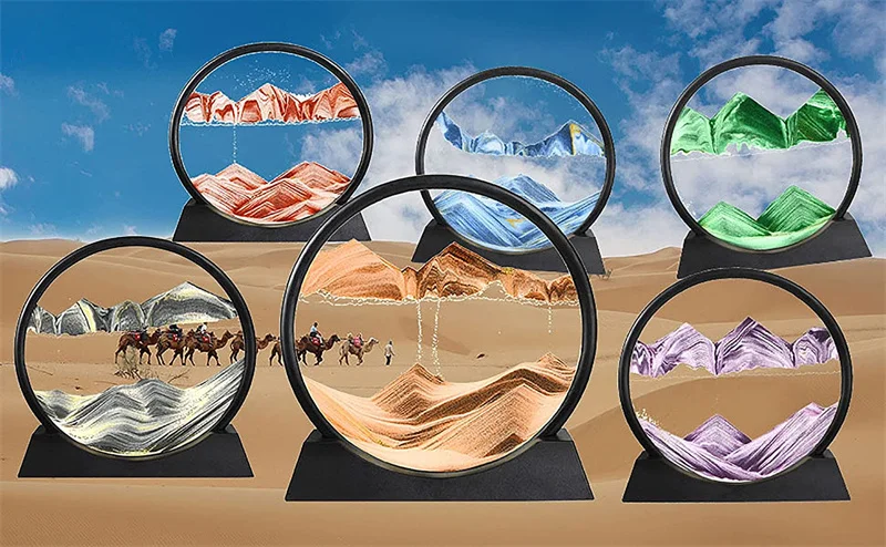 7/12inch 3D Glass Sandscape Moving Sand Hourglass Frame Art Picture Display Flowing Sand Quicksand Ornaments Office Home Decor