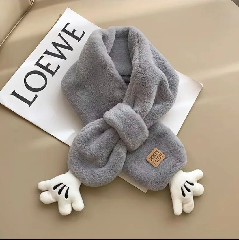 Children Boys Girls Winter Warm Thicken Cute Palm Collar Scarf Solid Color Faux Rabbit Fur Plush Cute Shawl Scarfs