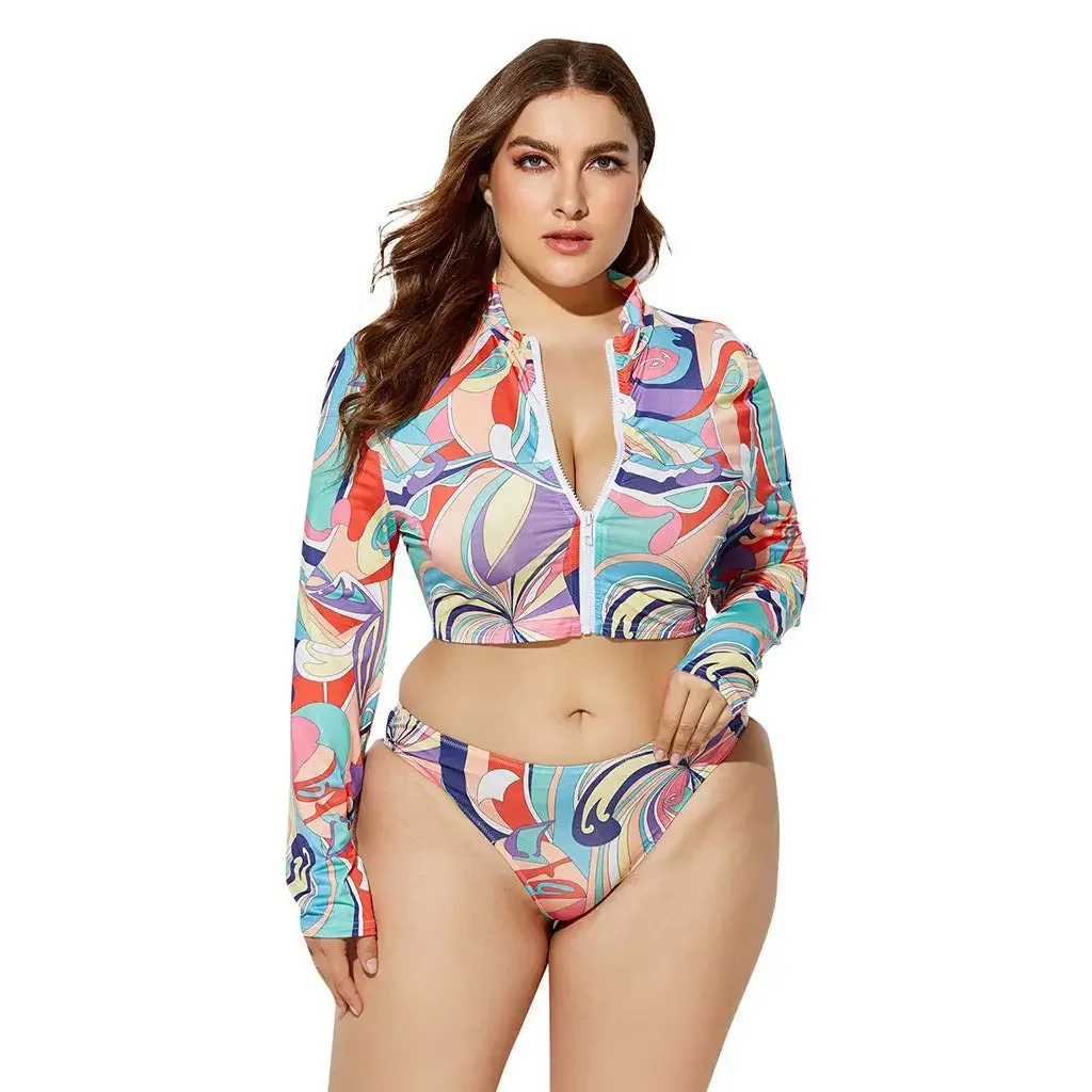 New Swimsuit Swimwear Three Piece Set Modest Swimwear Women Islamic Conservative Printed Bikini Women's Split Long Sleeve Zip