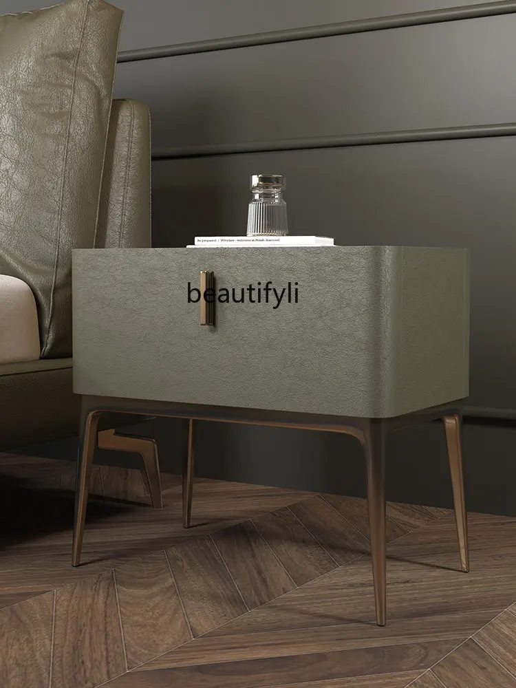 

zq Genuine Leather Stone Plate Bedside Table Modern Simple Home Bedroom Minimalist Storage Bedside Cabinet