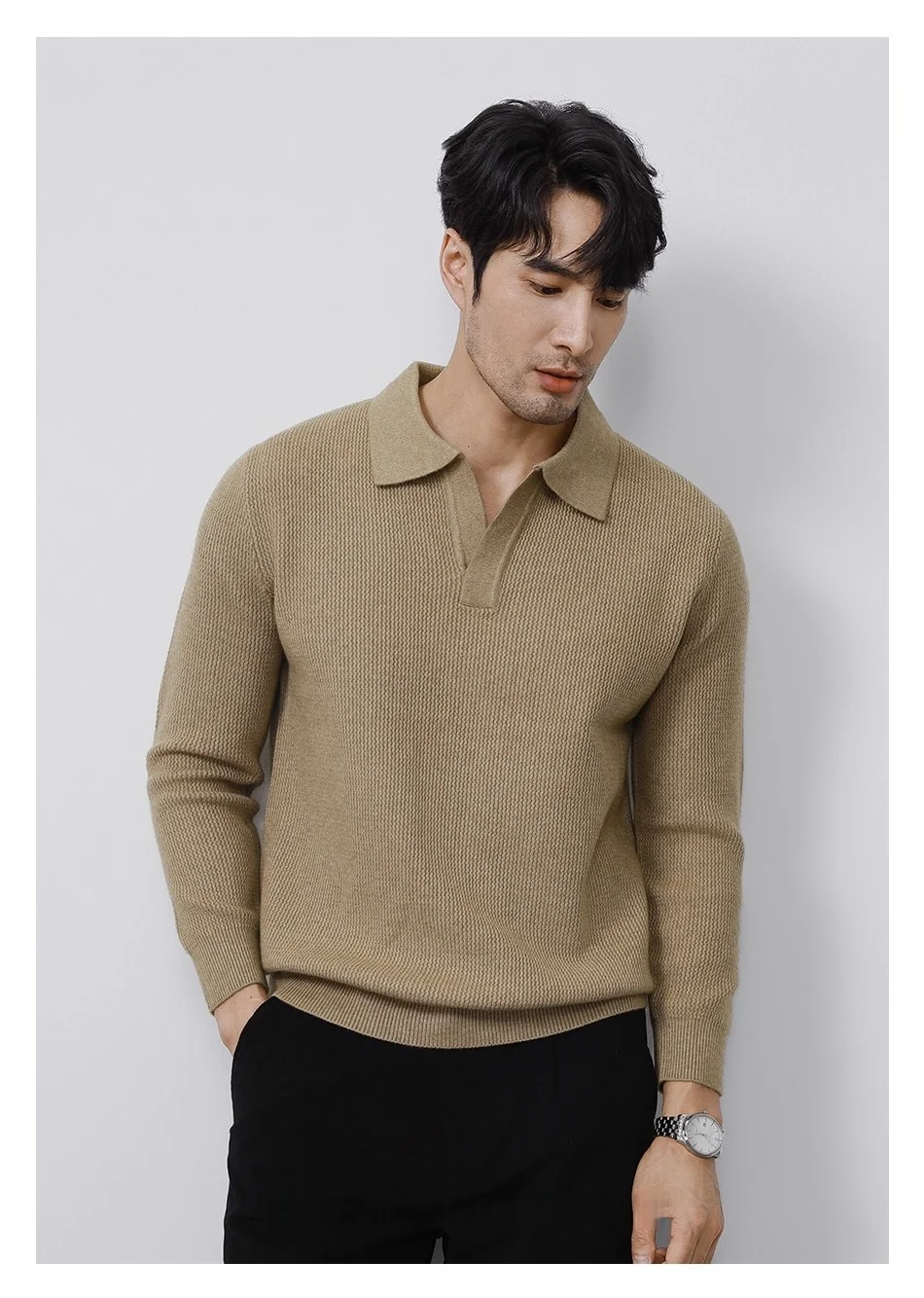 Cleanfit Herren-Strickpullover, Herbst-Frühlingspullover, koreanische weiche, schwere Polo-Pullover, minimalistisches, langärmliges, solides, lässiges Oberteil – Detail 7