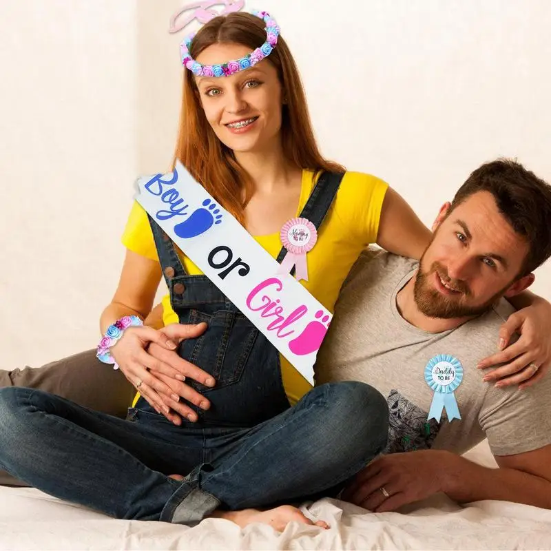 Gender Reveal Sash 5pcs Boy or Girl Baby Shower Party Decoration Mommy To Be-Dadddy-To Be Badge Tinplate Badge Pin Sash Kit