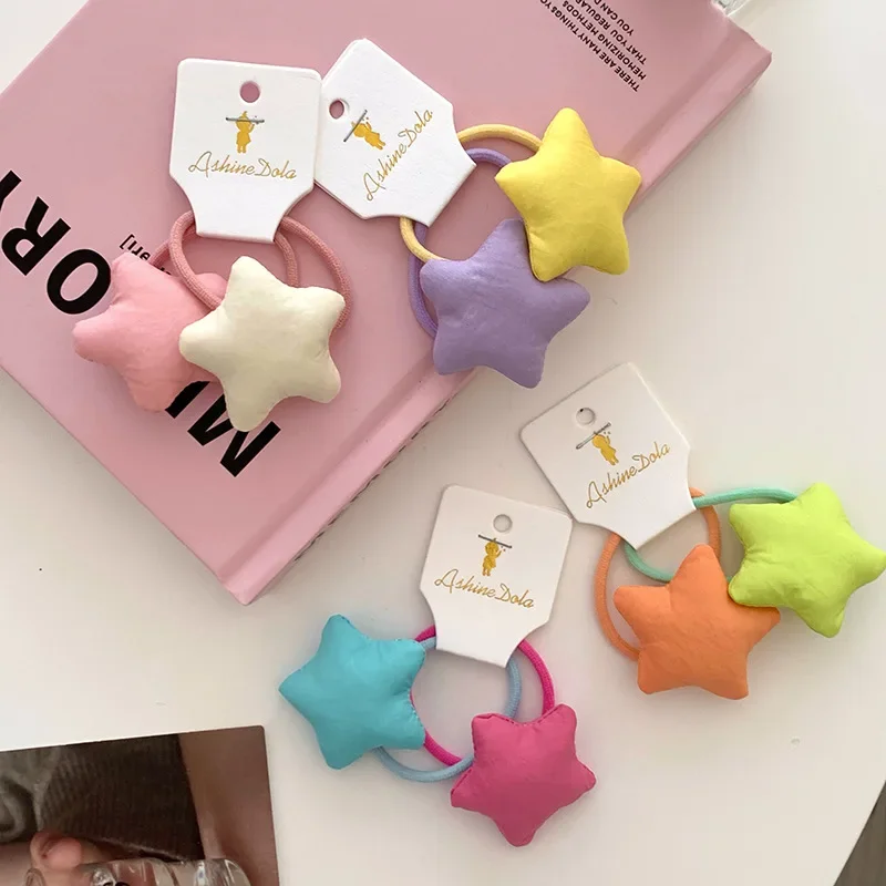 2Pcs Colorful Star Hair Rope Korean 2023 Summer Pentagram Hair Tie Loop Elastic Rubber Band Children Hair Accessories for Women lemonkid 2pcs lot baby winter hat scarf baby cartoon fox cap children warm scarf for boys suit beanie velvet hat scarf for girl