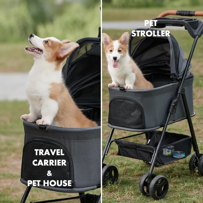 3 in 1 Folding Dog Stroller, 4 Wheels Dog/Cat Puppy Stroller w/Removable Travel Carrier for Small/Medium Pet