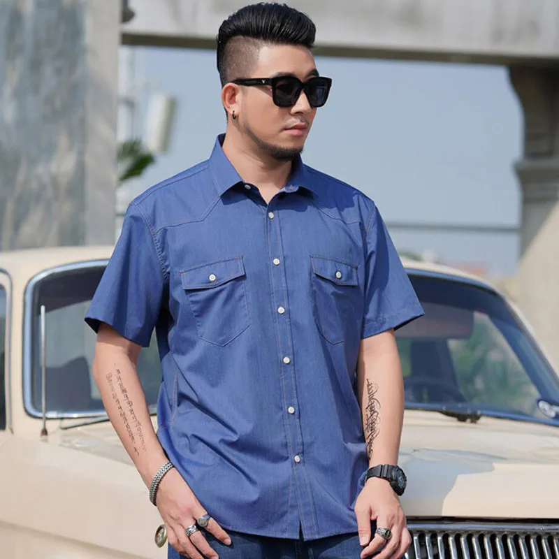 Plus Large Size 13XL 7XL 6XL 4XL Mens Business Casual Short Sleeved Shirt Classic Imitation denim Male Social Dress Shirts Blue 2
