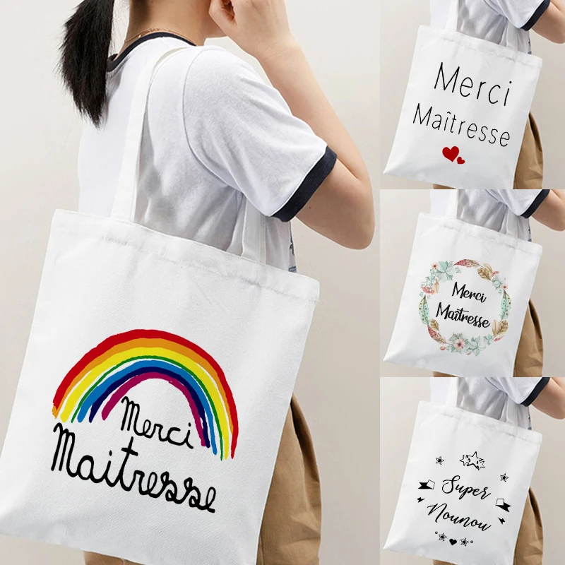 

Merci French Print Pattern Fashion Women Canvas Shopping Bag Harajuku Shoulder Bags Shopping Girls Handbag Women Canvas Bag