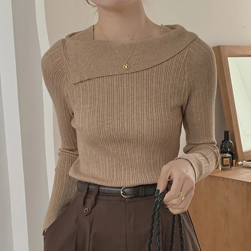 

Women Sexy Slash Neck T Shirt 2023 Autumn Solid Color Long Sleeve Tee Shirt Femme Slim Knitted Tshirt Womens Tops Winter Clothes