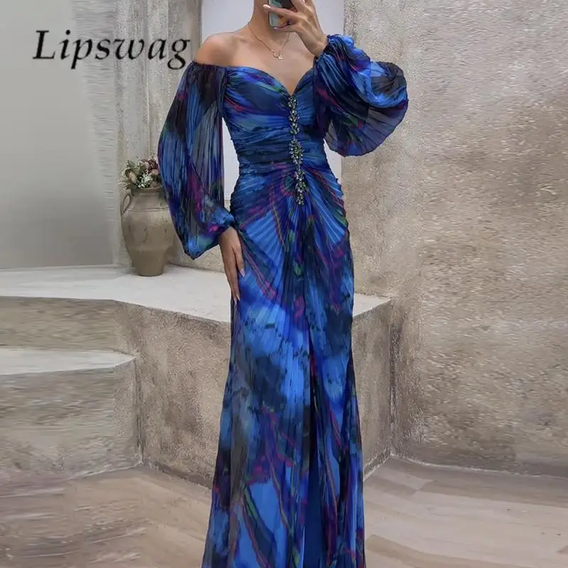 

Elegant Ladies V Neck Slim Waisted Split Dress Fashion Print Long Sleeve Pleated Dress Chic Sexy Party Off Shoulder Long Dresses