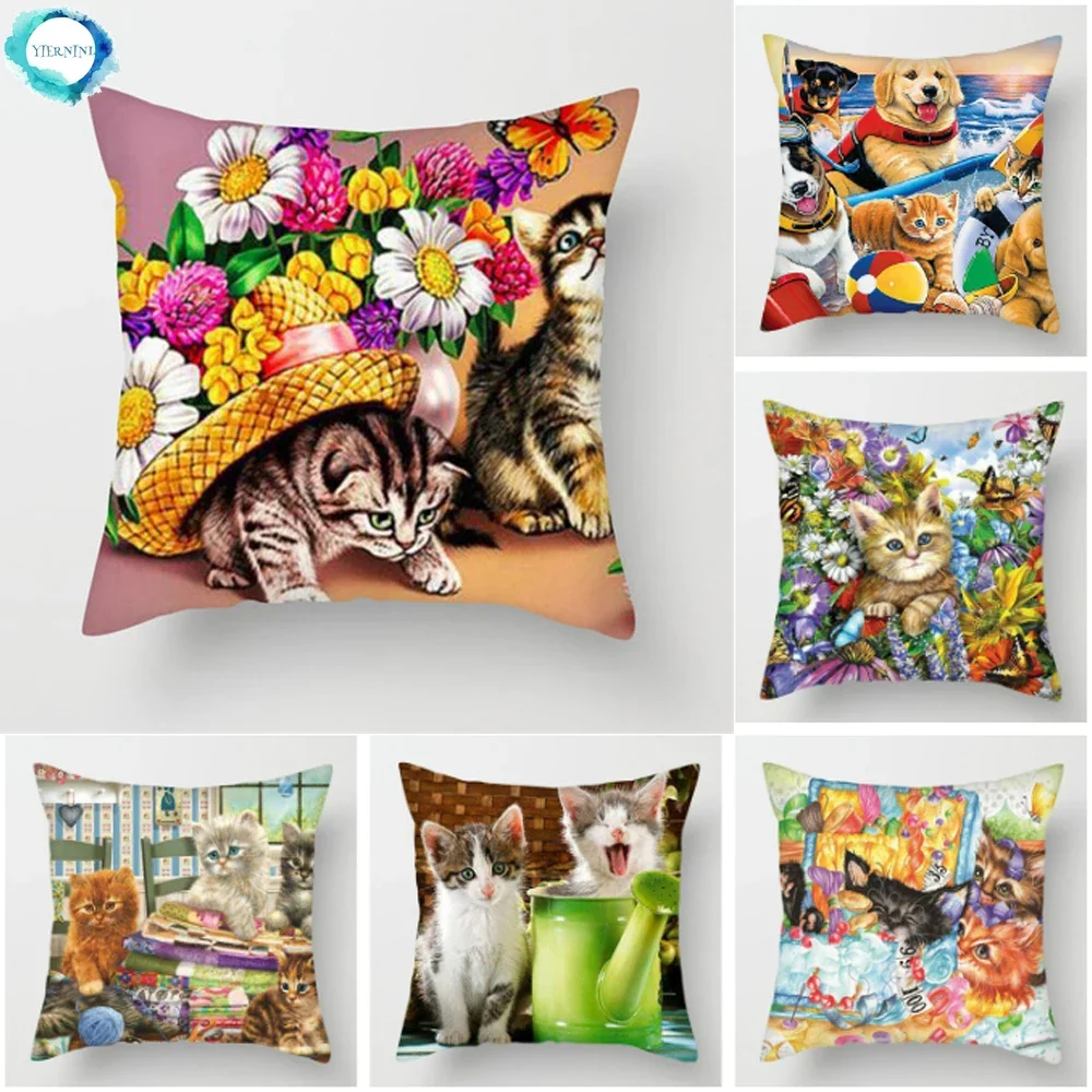 

Animals Printed Polyester Cushion Cover Cats Dogs Farm Life Views Decorative Pillow Covers for Home Sofa Decor Flower Pillowcase