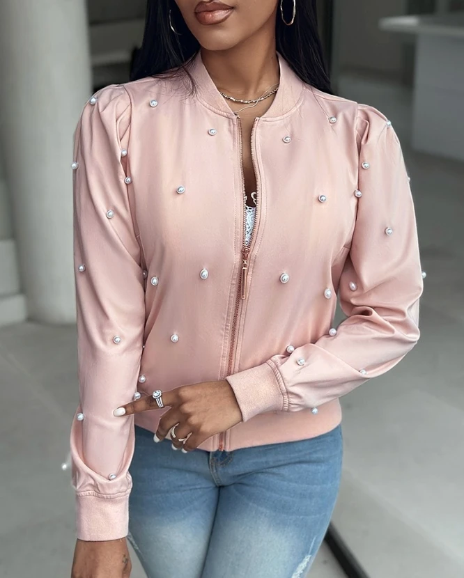 Beaded Long Sleeved New Baseball Collar Zipper Design Jacket for Women's Jackets