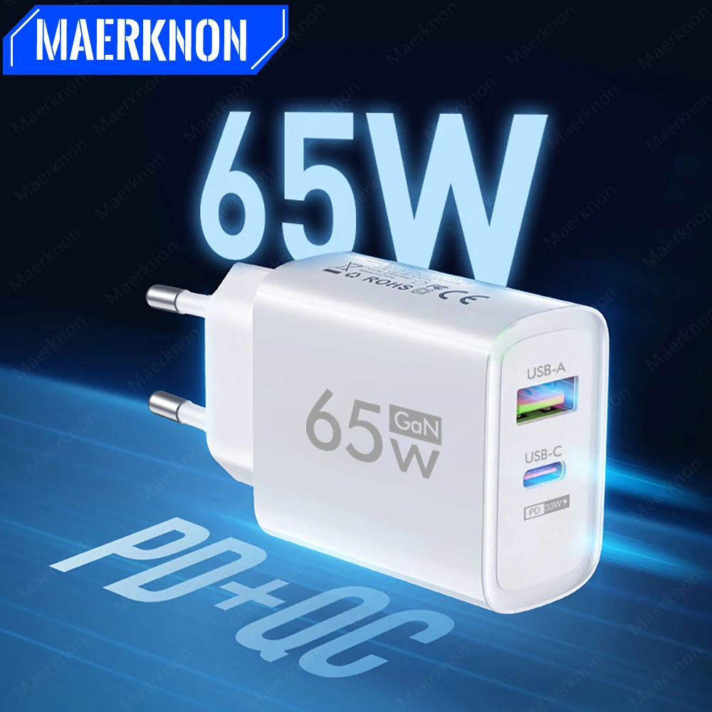 

65W USB PD Fast Charger Quick Charge 2 Ports Type C Fast Charge Wall Charger For iPhone Xiaomi Samsung EU/US Plug Phone Adapter