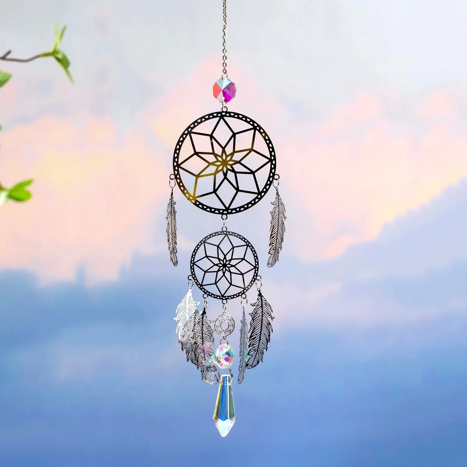 1 Pc Silver Feather Dreamcatcher Outdoor Lighting Crystal Hanging Garden Sun Catcher Holiday Wedding Party Decoration Supplies sun catcher