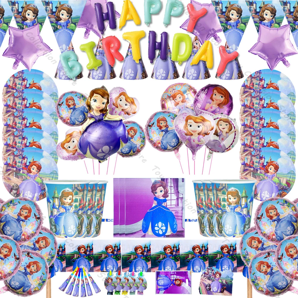 

Princess Sofia Theme Helium Ballon Birthday Party Supplies Paper Plate Foil Ballon Cup Girl Favor Party Decoration Scene layout