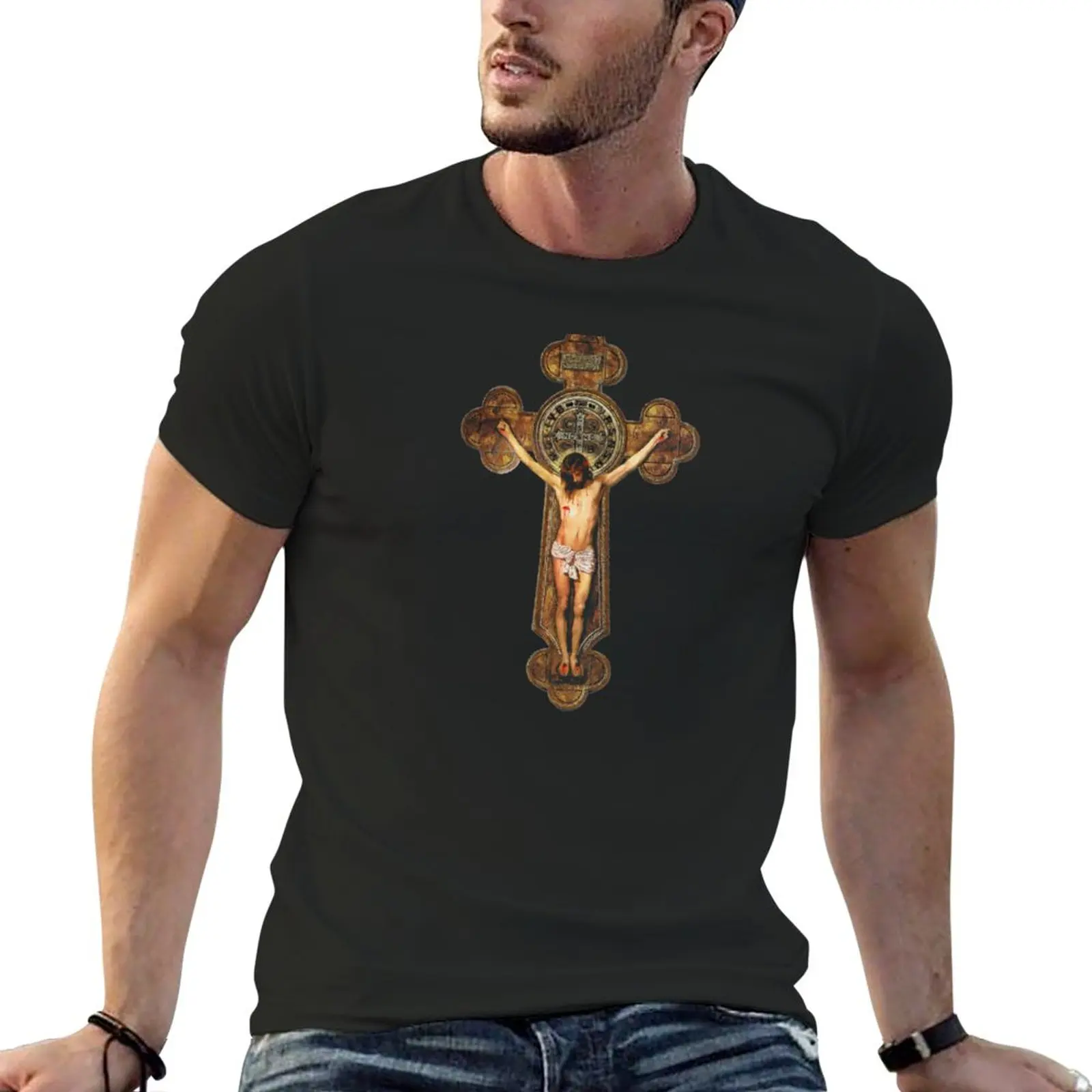 

St Benedict Crucifix Cross Jesus Passion Stations of the Cross -Via Crucis T-Shirt funny t shirt men graphic t shirts