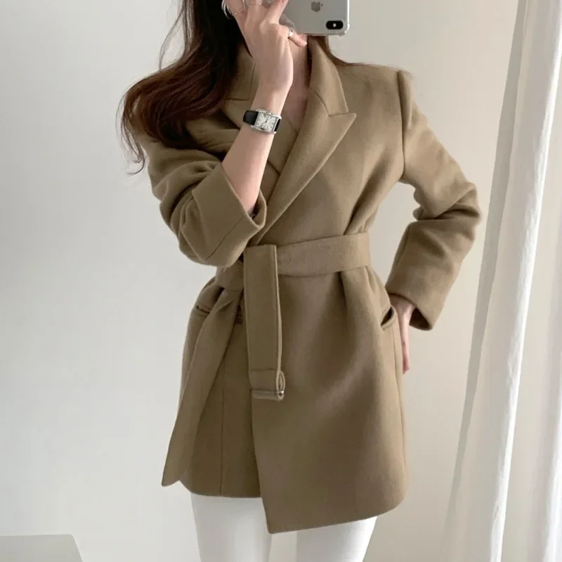 New 2022 Autumn Winter Women Blazers Woolen Coats Jacket Outerwear Thicken Warm Lace Up Office Lady Slim Lapel Overcoat Khaki