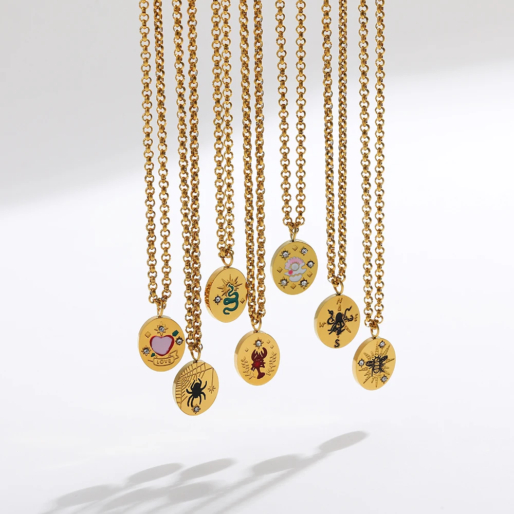 Punk Retro Geometric Oval Enamel Animals Pendant Snake Scorpion Flower Shape Necklace Stainless Steel Heart Choker Femal Jewelry