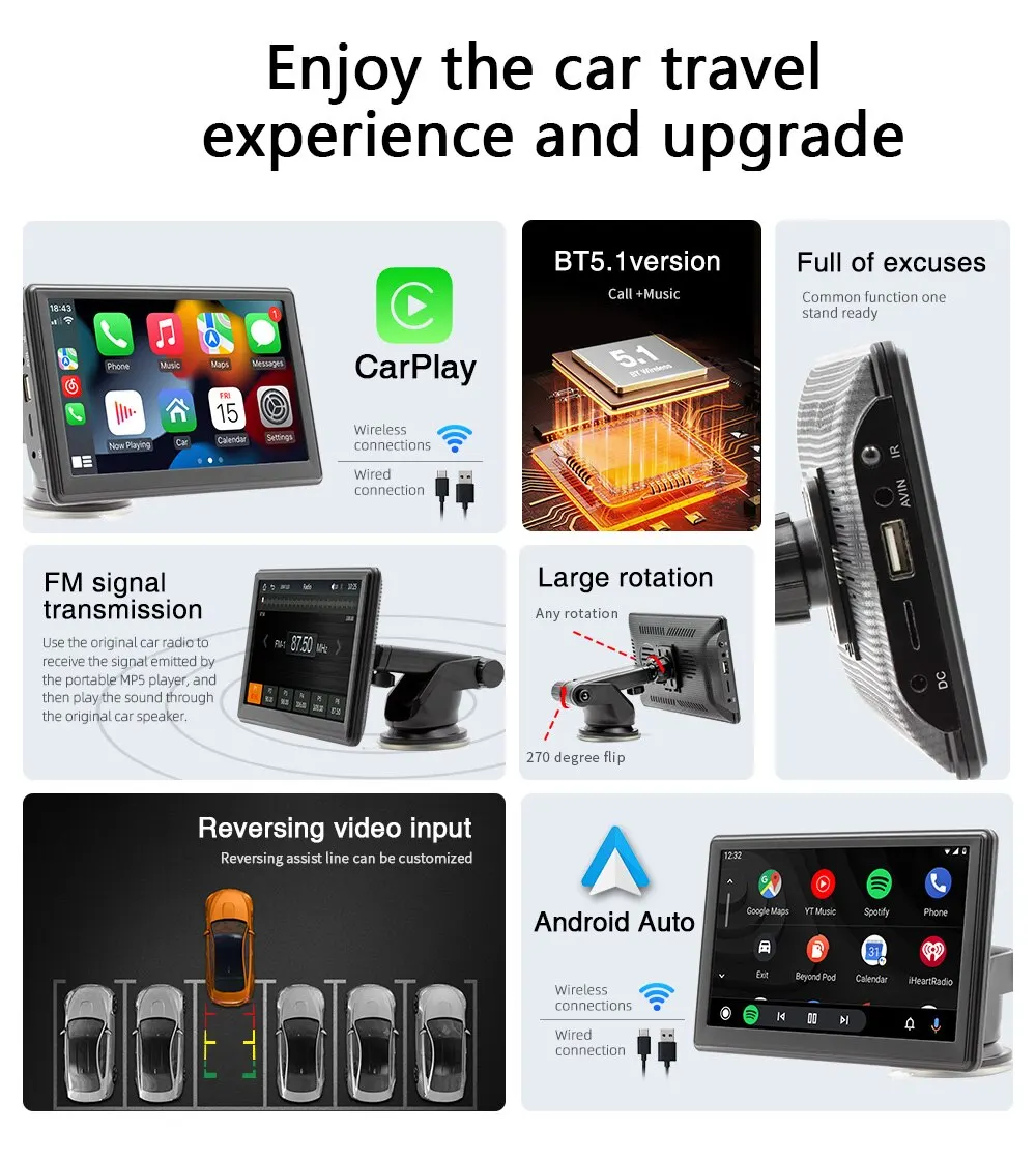Car Radio Multimedia Player 7inch Wireless Carplay And Wireless Android Auto Touch Screen Sun Visor B500