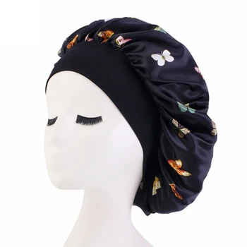 Butterfly Print Satin Sleeping Wide Brim Nightcap Hair Care Turban Chemo Hat for Washing Face Skin-caring Make-up