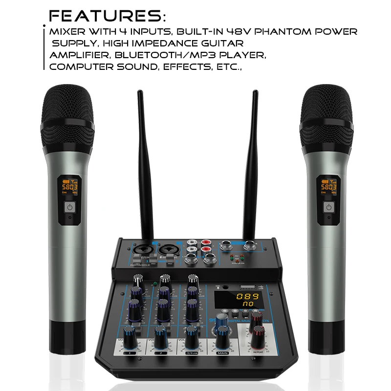 4 Channel Audio dj Mixer Console Bluetooth Mixer UHF Wireless Microphone Home Karaoke Stage Studio