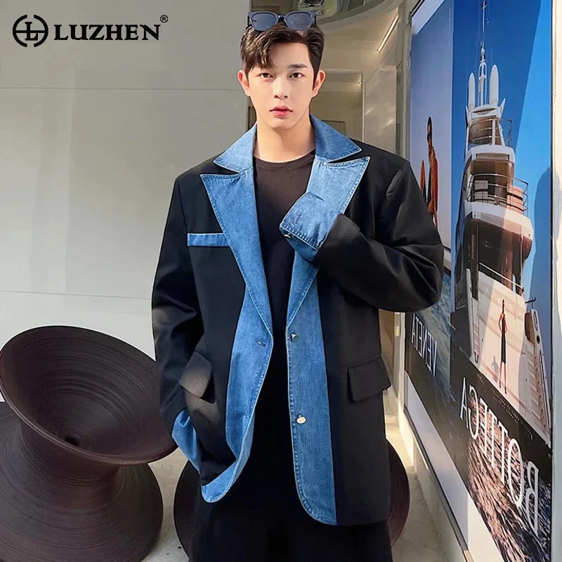 LUZHEN Trendy Denim Splicing Design Blazer Coat Men's Original High Street Color Contrast Stylish Jacket Korean 2024 New B0af0f