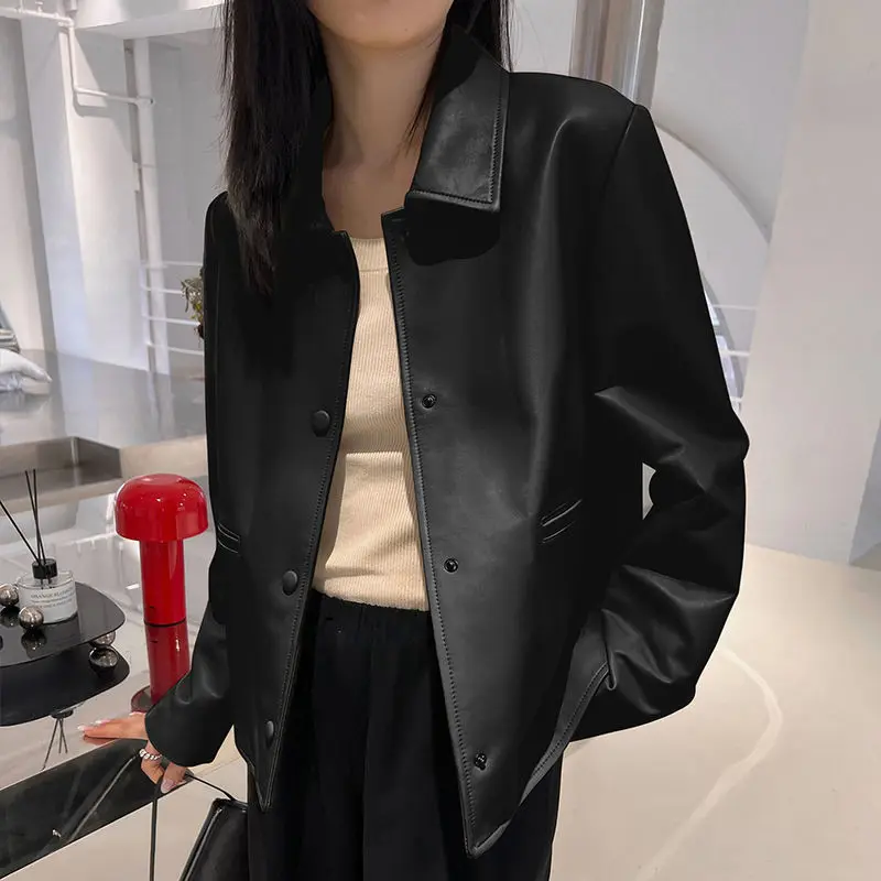 Spring Autumn Korean Chic Pu Biker Leather Jacket Women Streetwear Bomber Jacket Lapel Single-breasted Loose Jacket Outerwear