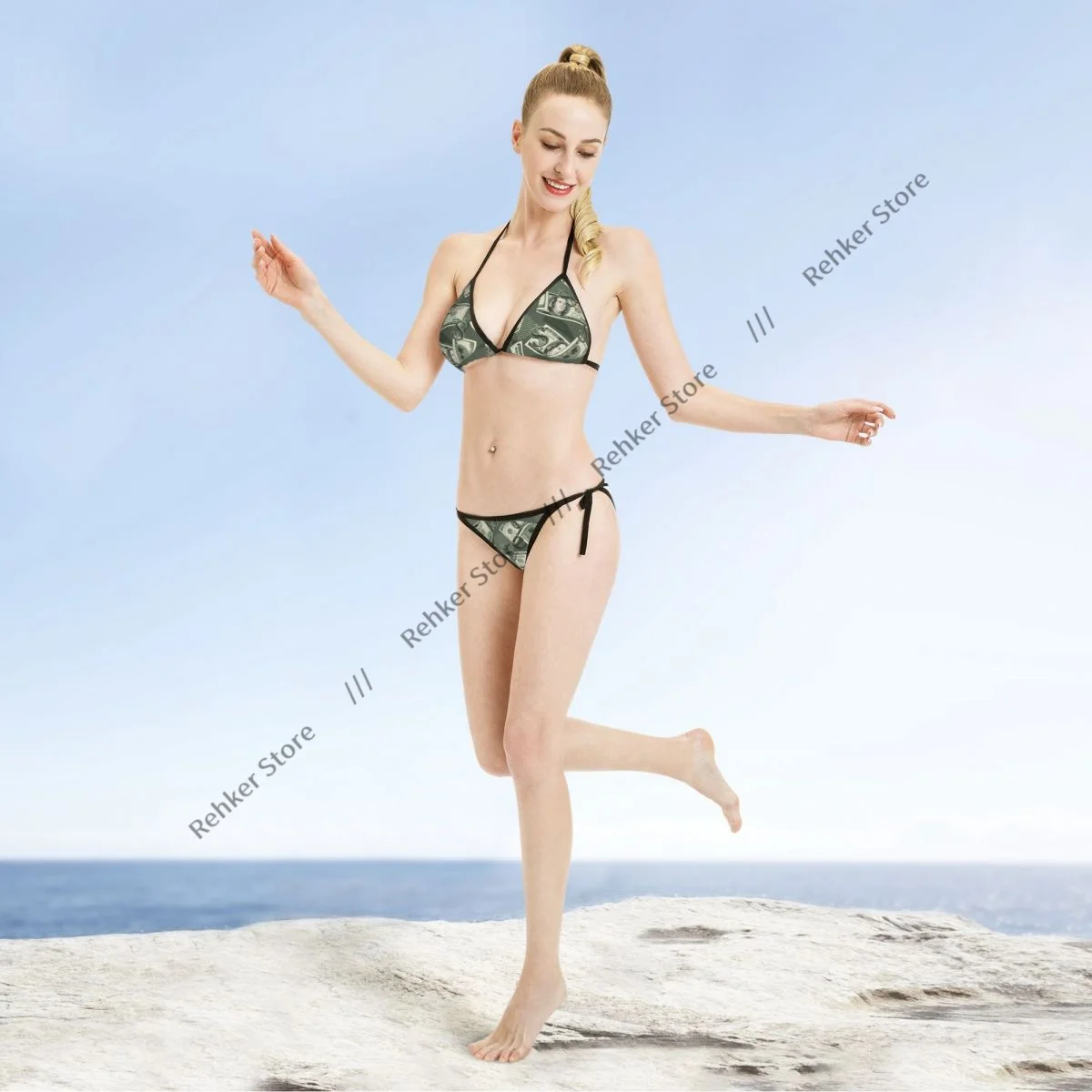 Sexy Women Bikini Swimsuit Money Vintage 100 US Dollar Notes Swimwear Bathing Suit
