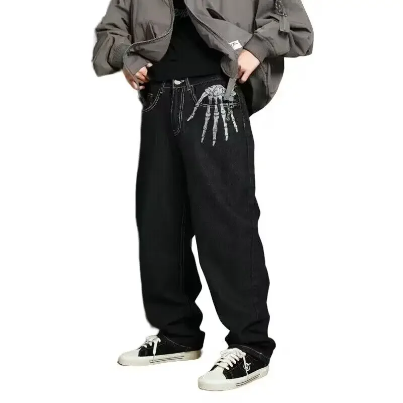 Skeleton Hand Embroidery Denim Pants Mens High Street Wide Leg Pants Streetwear Loose Casual Trousers Jeans Men 4