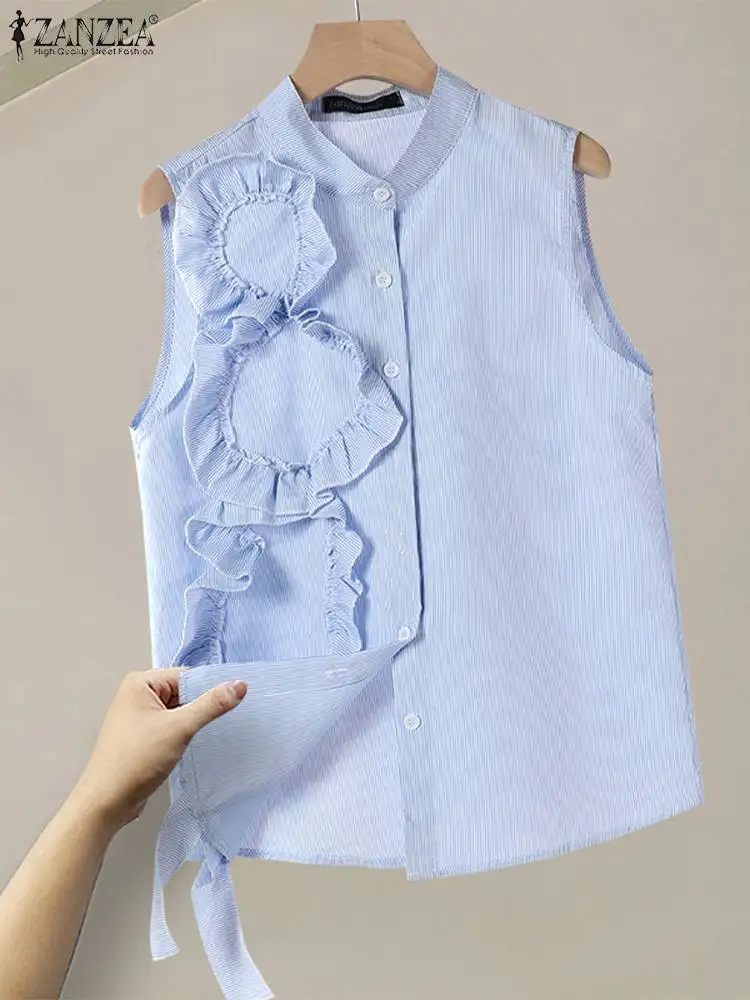 

Лето 2024, женские майки ZANZEA на пуговицах, Корейская полосатая рубашка без рукавов, модная шикарная блузка с объемными цветами, праздничные блузки