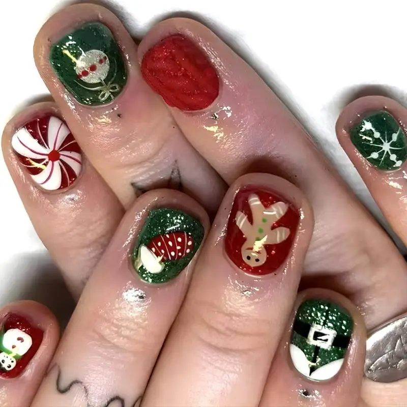 831e 24 PCS Snowman auf Nagel Künstliche Nagel Weihnachtsgeschenk Voller Cover falscher Nagel Kurzer runde Presse auf für – Detail 8