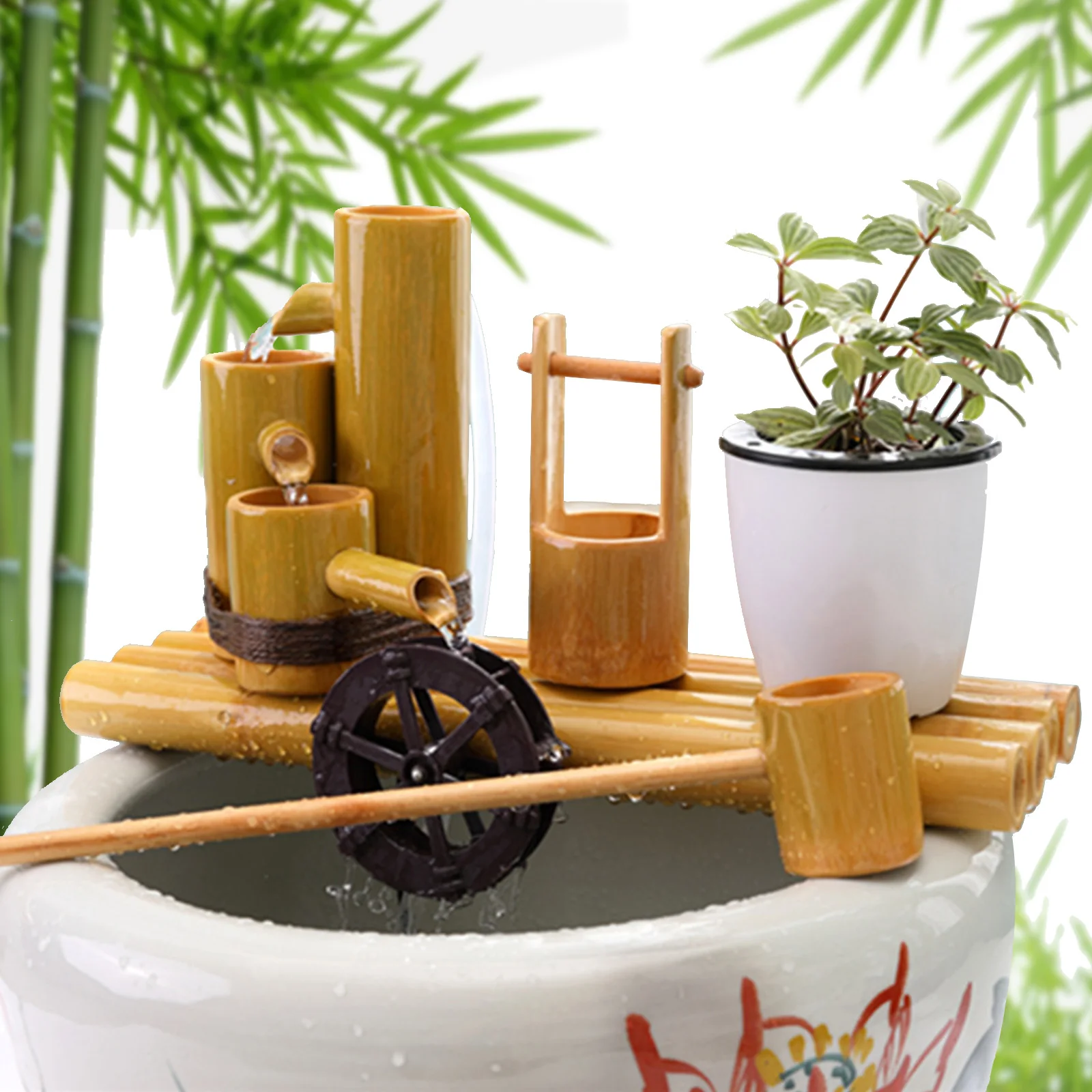 ポンプ付きの竹製の庭の噴水,家庭用の装飾品,11.8インチ,水