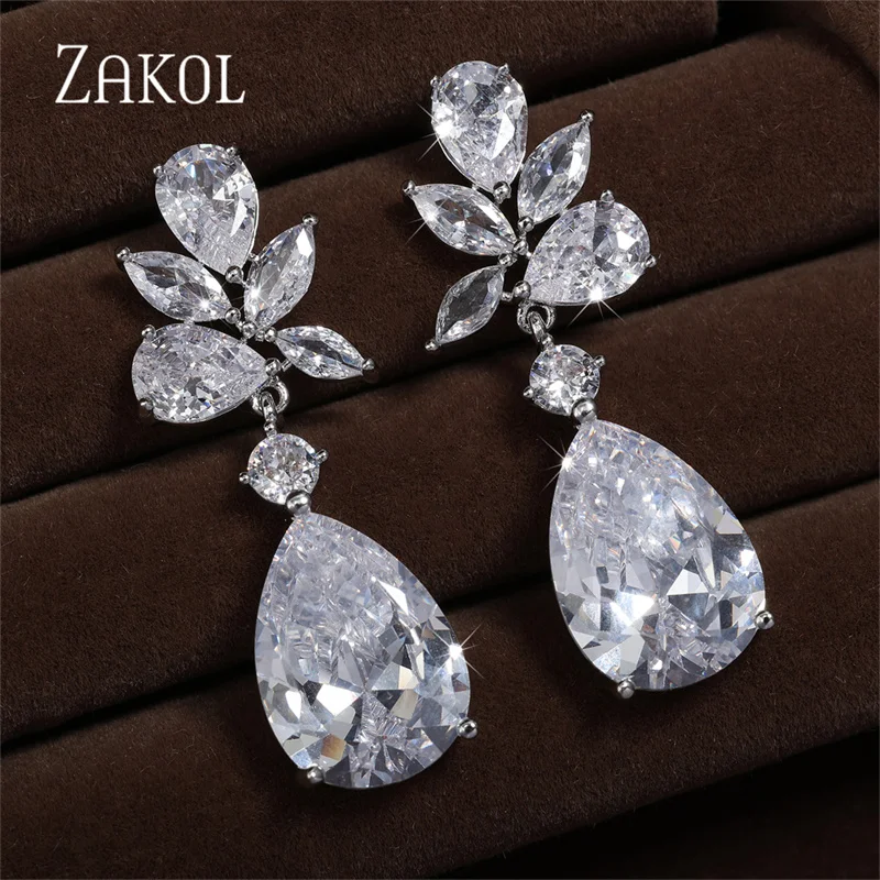 ZAKOL Wedding Earrings for Women Water Drop Cubic Zircon Dangle Earring Leaf Bridal Jewelry