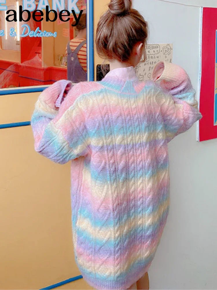 Rainbow Knitted Cardigan Women Autumn winter Sweet Kawaii Sweater Coat Female Long Korean Button Down Cardigan Fall 2023 Women