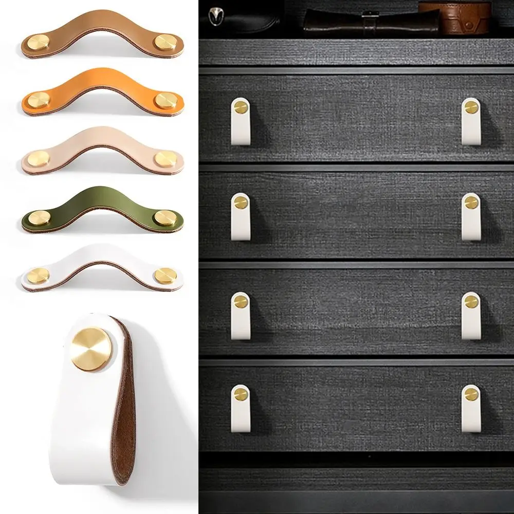 2Pcs Brass And Leather Door Handles For Cabinet Wardrobe Drawer Luxury Pull Knobs Furniture Handle Khaki Orange coffee Color