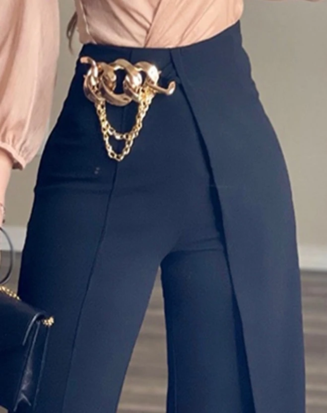 Hot Selling Women's Long Pants 2023 New Fashionable, Agile, Casual, Elegant, Versatile Chain Decoration Work Pants Bottoms